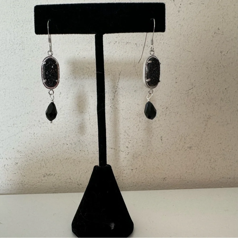 925 Sterling Silver Black Druzy Gemstone and Crystal Drop Earrings NEW
